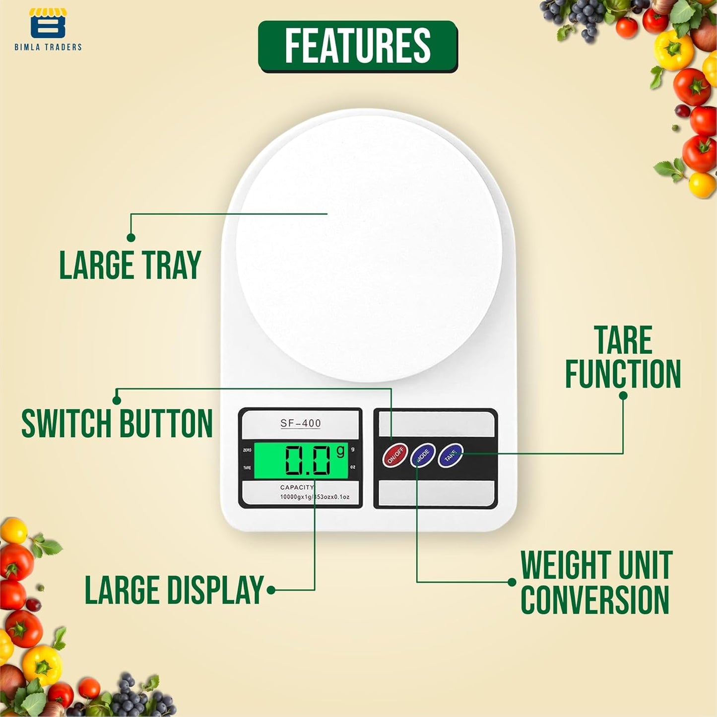 Digital Kitchen Weighing Scale | 10Kg x 1g Precision | Food Scale with LCD Display for Cooking, Baking, Meal Prep & Healthy Diet | Compact Electronic Weight Machine for Home Use.(White)